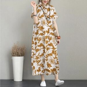 NWT Zanzea Mustard Yellow Floral Print Side Tie Dress Plus Size 4XL